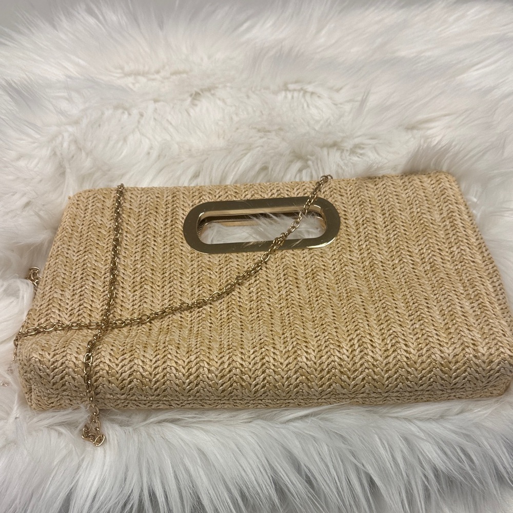 Elegant Tan Clutch with Gold Chain